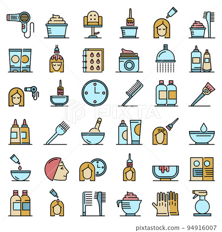 Hair dye icons set. Outline set of hair dye vector icons thin line color flat on white 94916007