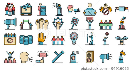 Protest icons set. Outline set of protest vector icons thin line color flat on white Protest icons set. Outline set of protest vector icons thin line color flat on white 94916033