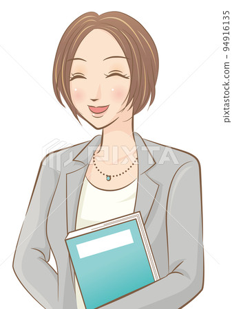A woman in a suit holding a book and smiling A woman in a suit holding a book and smiling 94916135