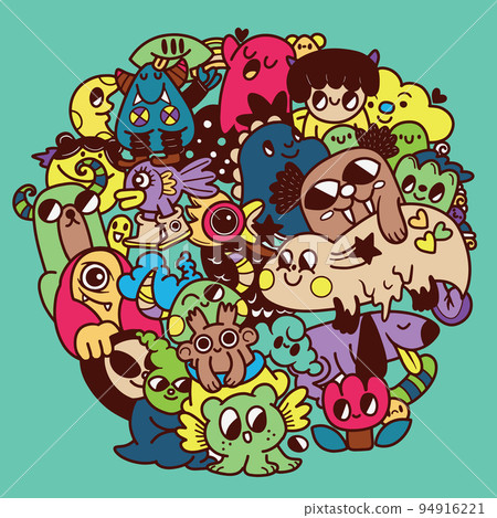 Vector illustration of Funny monsters circle shape pattern Vector illustration of Funny monsters circle shape pattern 94916221