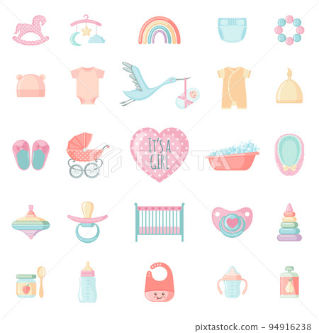 Set of cute baby elements for girl. Baby shower - Stock