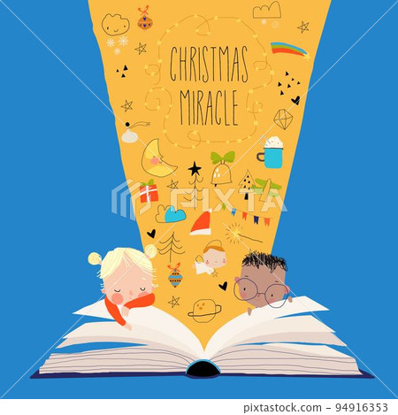 Children sitting near Big Open Book and waiting Christmas Miracles 94916353