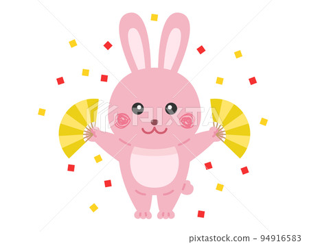 兔子角色拿著金扇和五彩紙屑的插圖 兔子角色拿著金扇和五彩紙屑的插圖 94916583