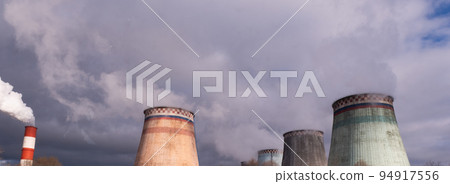Large wide smoking chimneys. Picture of air pollution. Ecological catastrophy Large wide smoking chimneys. Picture of air pollution. Ecological catastrophy 94917556