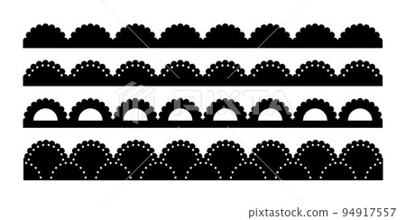Scalloped edge seamless brush strokes set. Simple scalloped border. Fabric laces silhouette. Repeat cute vintage frill ornament. Texture ribbons. Vector illustration isolated on white background 94917557
