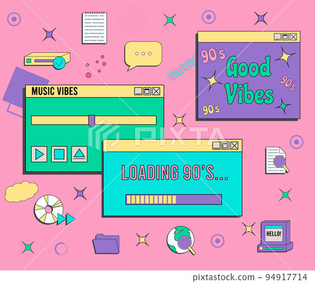 Set of vaporwave UI and UX elements. PC retro game frame. Nostalgic style 70s, 80s, 90s. 94917714