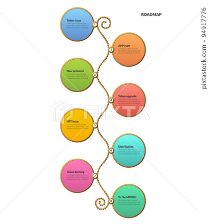 Roadmap with colorful circles with copy space on twisted rope on white background. Vertical infographic timeline template for business presentation. Vector. Roadmap with colorful circles with copy space on twisted rope on white background. Vertical infographic timeline template for business presentation. Vector. 94917776
