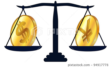 Gold coin of American dollar USD and Chinese Yuan CNY on scales isolated on white background. Laws on digital assets CBDC. Design element. 94917778