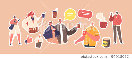Set Of Stickers People Relaxing And Talking At Coffee Break. Modern Male Or Female Characters With Cups Refreshment 94918022
