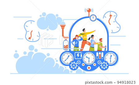 Business Characters Team Flying In Time Machine With Leader Pointing Ahead. People Going To The Future Or Past 94918023