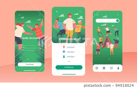 Children Camp, Outdoor Relax Mobile App Page Onboard Screen Template. Kids Characters Build Hovel of Tree Branches 94918024