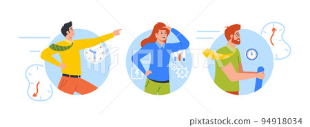 Business Characters Team Flying In Time Machine Isolated Round Icons Or Avatars. People Going To The Future Or Past 94918034