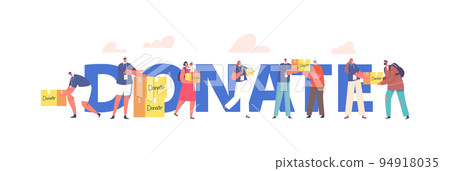 Donation, Support and Charity Concept. Male and Female Characters Donate Boxes with Different Things, Food and Clothes 94918035