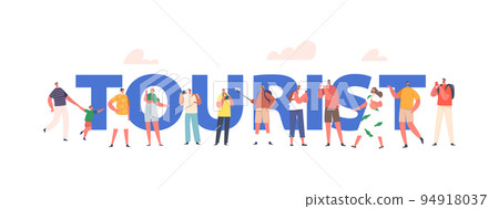 Tourists Group Excursion Concept. Young People with Backpacks and Photo Cameras Traveling. Characters Travel Abroad 94918037