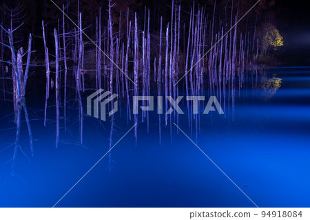 Illuminated night blue pond Biei Town Illuminated night blue pond Biei Town 94918084