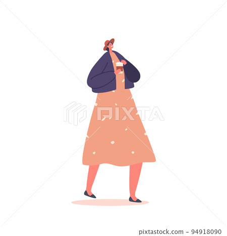 Young Woman In Summer Dress And Hat Walk With Coffee Cup In Hands. Female Character Morning Refreshment Illustration 94918090