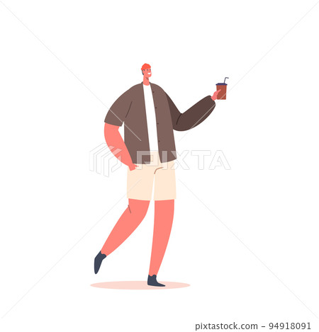 Young Man In Hipster Clothes Walk With Coffee Cup In Hand. Modern Male Character Relaxing, Morning Refreshment 94918091