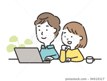 Illustration of a young couple looking into a computer with a smile Illustration of a young couple looking into a computer with a smile 94918327