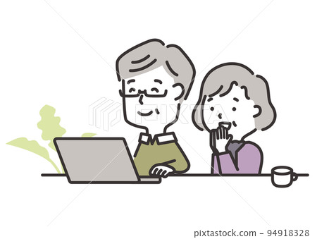 Illustration of an elderly couple looking into a computer with a smile 94918328