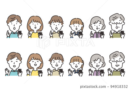 Illustration of a three-generation family holding smartphones Surprise and happiness 94918332