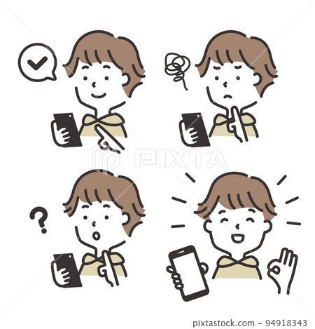 Illustration material set of a male student operating a smartphone 94918343