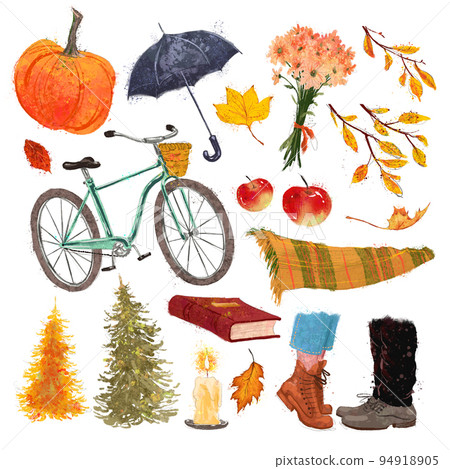 Collection of autumn cozy traditional elements pumpkin, plaid, book, apple, park trees isolated. Watercolor hand drawn fall illustration. Collection of autumn cozy traditional elements pumpkin, plaid, book, apple, park trees isolated. Watercolor hand drawn fall illustration. 94918905