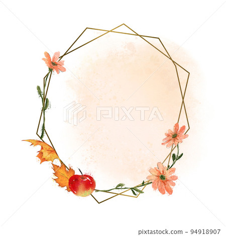 Beautiful golden geometric frame with autumn mood. Watercolor hand drawn fall illustration. For cards design, banners, packaging etc. 94918907