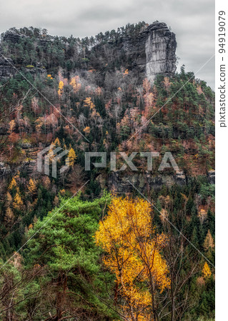 Colorful autumn trees and rock formations in Bohemian Switzerland 94919079