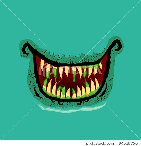 Vector cartoon funny zombie monster open mouth with drooling green slime isolated on background. Vector Halloween greeting card with funne turquoise monster mouth. Cartoon vampire and zombie fangs Vector cartoon funny zombie monster open mouth with drooling green slime isolated on background. Vector Halloween greeting card with funne turquoise monster mouth. Cartoon vampire and zombie fangs 94919750