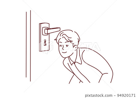 Suspicious man look in door hole 94920171