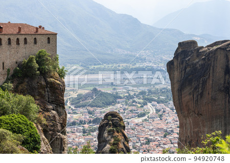Kalambaka city panoramic view opens in the crevice between the rocks Kalambaka city panoramic view opens in the crevice between the rocks 94920748