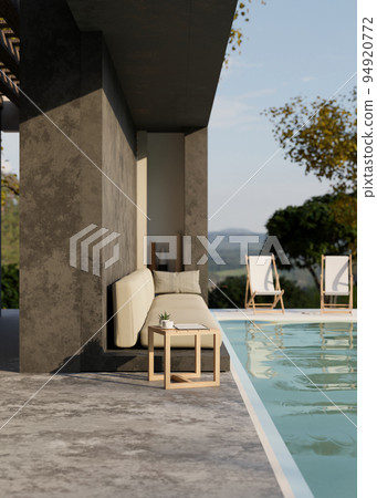 Modern luxury loft pool villa exterior with swimming pool, modern couch, and beach chairs Modern luxury loft pool villa exterior with swimming pool, modern couch, and beach chairs 94920772
