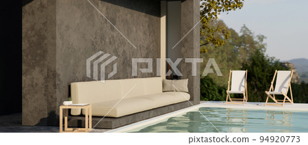 Modern loft contemporary pool villa resting area exterior with comfortable beige couch Modern loft contemporary pool villa resting area exterior with comfortable beige couch 94920773