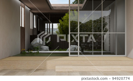 Beautiful contemporary home indoor garden or courtyard garden with tropical tree Beautiful contemporary home indoor garden or courtyard garden with tropical tree 94920774