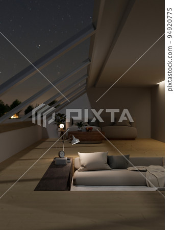 Modern urban sunken living room with the beautiful night sky through the skylight window Modern urban sunken living room with the beautiful night sky through the skylight window 94920775