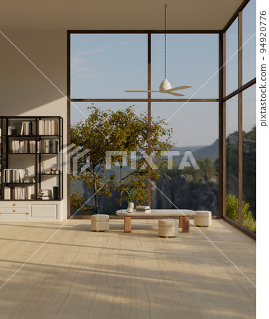 Modern contemporary living room with coffee table, poufs, ceiling fan, and window with mountain view Modern contemporary living room with coffee table, poufs, ceiling fan, and window with mountain view 94920776