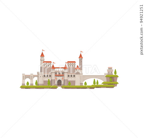 Fairy cartoon palace isolated medieval fairytale castle. Vector magic citadel landscape scenery, king and queen home. Cartoon medieval building, royal kingdom tower with entrance gate, fort of stone Fairy cartoon palace isolated medieval fairytale castle. Vector magic citadel landscape scenery, king and queen home. Cartoon medieval building, royal kingdom tower with entrance gate, fort of stone 94921251