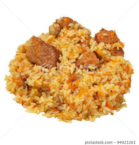 rice with meat and spices or oriental pilaf, on a white background rice with meat and spices or oriental pilaf, on a white background 94921261