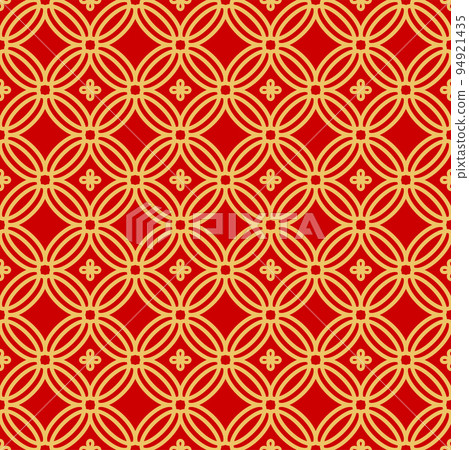 Traditional asian seamless pattern korean, chinese and japanese ornament with golden circles on red textile. Vector oriental wallpaper damask arabesque. Moroccan or islam tile, baroque background Traditional asian seamless pattern korean, chinese and japanese ornament with golden circles on red textile. Vector oriental wallpaper damask arabesque. Moroccan or islam tile, baroque background 94921435
