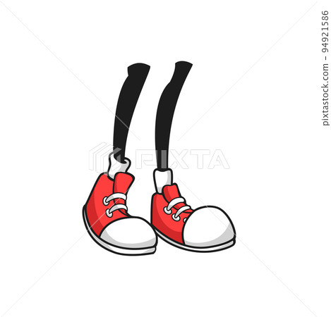 Funny human legs in red shoes boots with white toe isolated. Vector boots with white sole and toe, comic character mascot. Retro footwear object, cute human trainers, funny trainers for children Funny human legs in red shoes boots with white toe isolated. Vector boots with white sole and toe, comic character mascot. Retro footwear object, cute human trainers, funny trainers for children 94921586