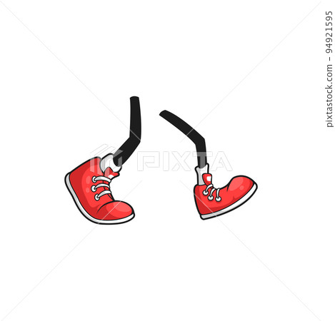 Walking character legs, comic feet in red sport shoes isolated flat cartoon icon. Vector comical gym footwear, casual youth limbs in boots. Sneakers trainers with rubber toe, modern teenager skaters 94921595