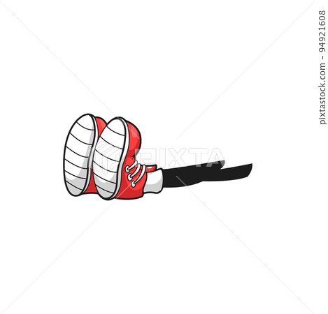 Comic foots in red sport shoes sitting on floor isolated cartoon legs. Vector sneakers or trainers with rubber toe, black limbs in sportive footwear. Casual youth leg in boots, modern teenager skaters 94921608