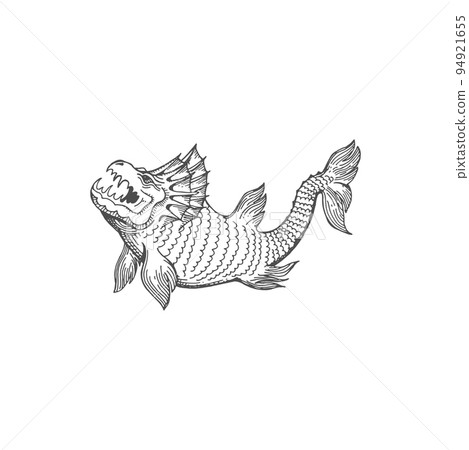 Hafgufa massive sea monster mythical aquatic creature isolated monochrome sketch icon. Vector lyngbakr dragonfish, legendary aquatic dinosaur underwater animal living on sea depth, marine creature Hafgufa massive sea monster mythical aquatic creature isolated monochrome sketch icon. Vector lyngbakr dragonfish, legendary aquatic dinosaur underwater animal living on sea depth, marine creature 94921655