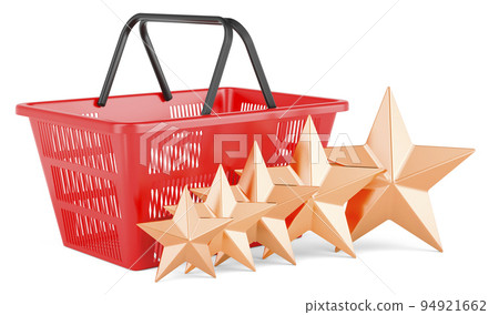 Shopping basket with five golden stars. 3D rendering Shopping basket with five golden stars. 3D rendering 94921662