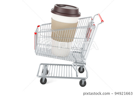 Shopping cart with disposable cup with hot drink, 3D rendering Shopping cart with disposable cup with hot drink, 3D rendering 94921663