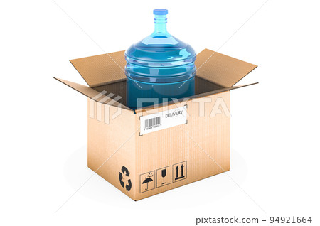 Water bottled inside cardboard box, delivery concept. 3D rendering Water bottled inside cardboard box, delivery concept. 3D rendering 94921664