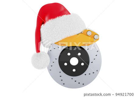 Car disc brake with Santa Claus red Christmas hat. 3D rendering 94921700