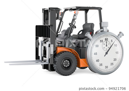 Forklift truck with stopwatch. Fast delivery and shipping concept, 3D rendering Forklift truck with stopwatch. Fast delivery and shipping concept, 3D rendering 94921706