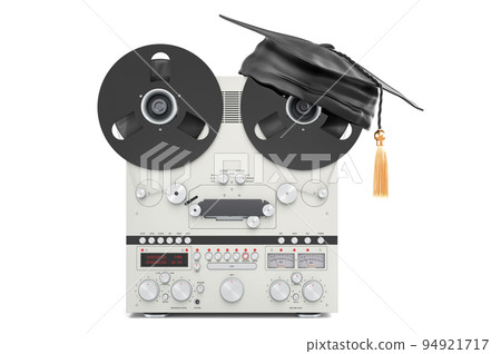 Retro reel-to-reel tape recorder with graduation cap. 3D rendering 94921717