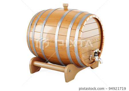 Wooden barrel with valve and stand, 3D rendering 94921719